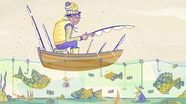 Ilustração mostra homem pescando peixes feitos de dinheiro