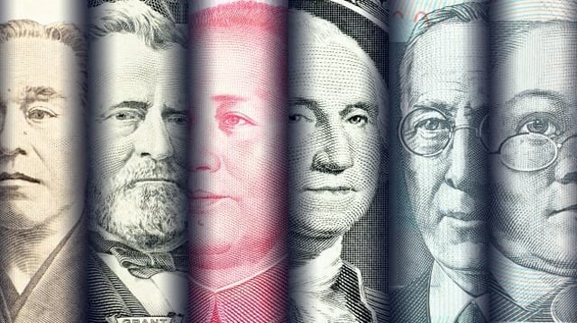 Montagem mostra rostos estampados em cédulas de moeda estrangeira | ações estrangeiras