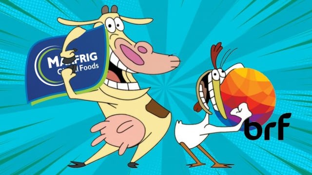 Montagem com os personagens do desenho A Vaca e o Frango com logos da Marfrig e BRF