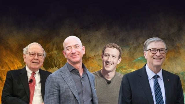 Montagem com Warren Buffett, Jeff Bezos, Mark Zuckerberg e Bill Gates