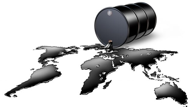 Barril de petróleo e mapa-múndi.