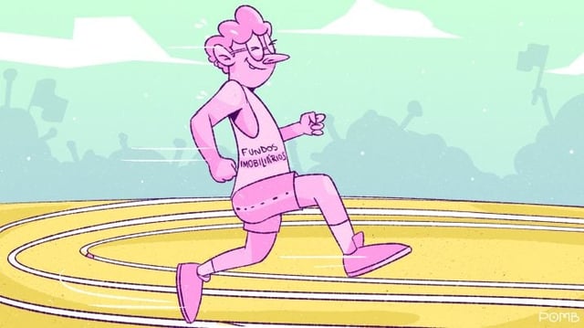 Ilustração mostra personagem que representa fundo imobiliário no meio de uma corrida