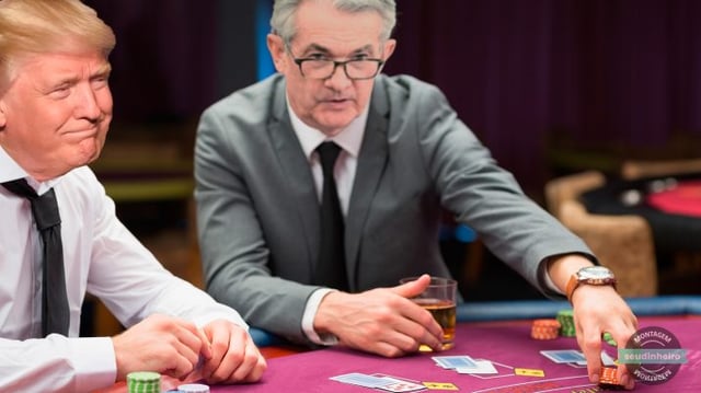 Montagem do Donald Trump e Jerome Powell jogando Poker