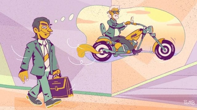 Ilustração da capa do guia de Previdência Privada mostra um homem de terno se imaginando aposentado em uma moto