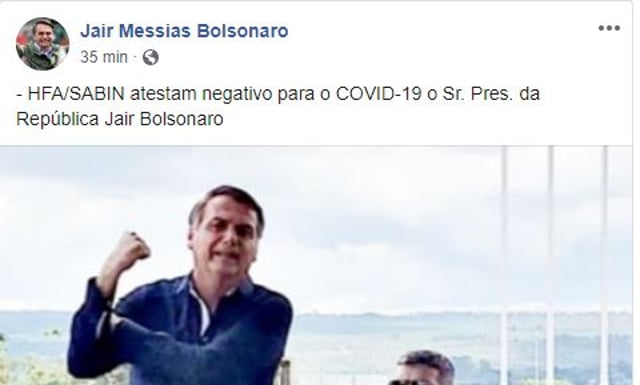 Reprodução do post do Facebook de Jair Bolsonaro que diz que ele testou negativo para coronavírus