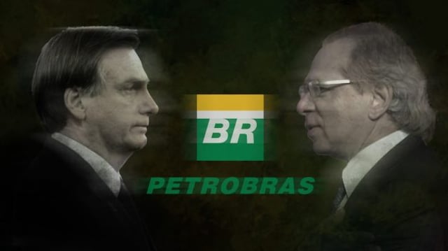 Montagem mostrando o logo da Petrobras (PETR3 e PETR4) entre os rostos do presidente Jair Bolsonaro e do ministro da Economia, Paulo Guedes