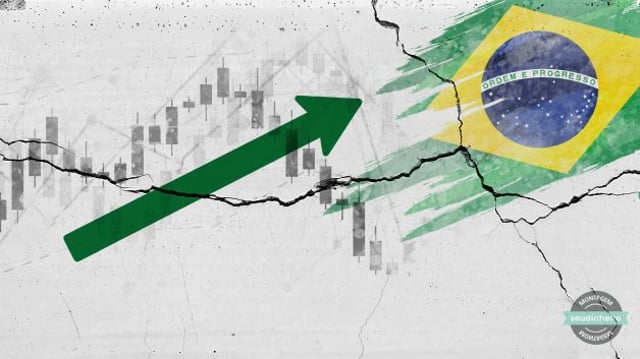 Gráficos e a bandeira do Brasil representando a perfomance do PIB e das ações brasileiras