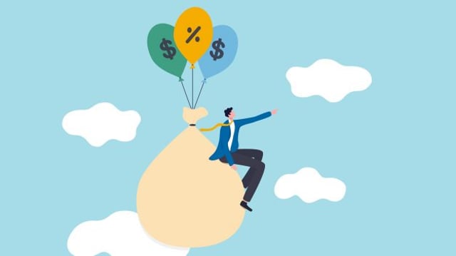 ilustração mostra homem voando com auxílio de balões com cifrões, representando dividendos
