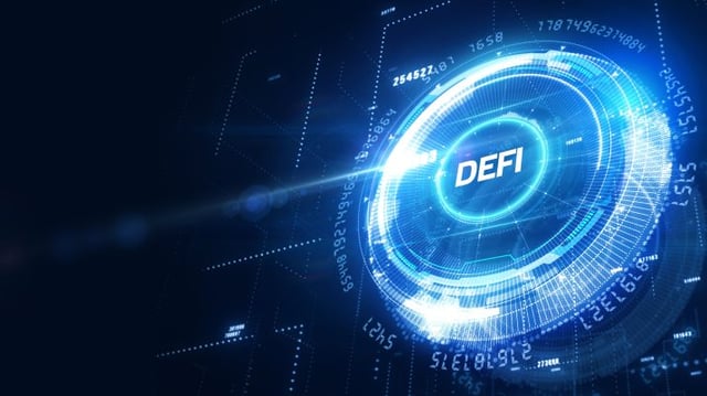 Defi,-decentralized,Finance,On,Dark,Blue,Abstract,Polygonal,Background.,Concept