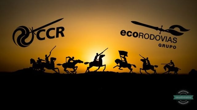 Montagem mostrando dois exércitos se chocando no horizonte. De um lado, aparece o logo da CCR (CCRO3); do outro, o logo da EcoRodovias (ECOR3)