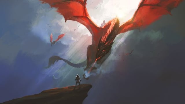The,Heroic,Warrior,Bravely,Faced,The,Dragon,,Digital,Painting.