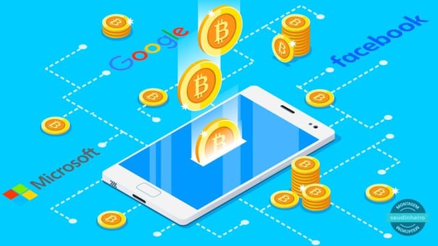 celular com bitcoins caindo sobre ele e logo de big techs como google, microsoft e facebook ao lado