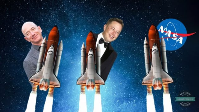 Elon Musk e Jeff Bezos em foguetes / montagem