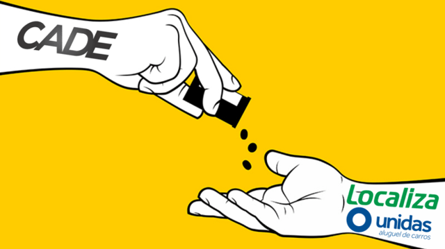 Ilustração de uma mão com o logo do Cade entregando remédios para uma outra mão estendida, com os logos da Localiza (RENT3) e Unidas (LCAM3), num fundo amarelo