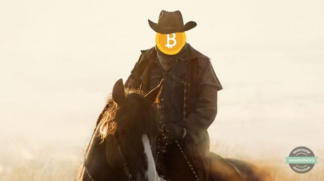 Homem montado em um cavalo com trajes típicos de cowboy e com a figura de um bitcoin no lugar da face