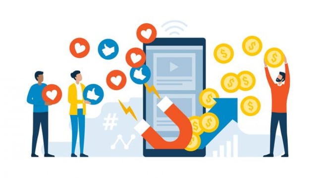 Ilustração de um celular atraindo likes e dinheiro, com pessoas ao lado