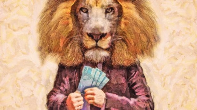Homem com cabeça de Leão segurando notas de R$ 100