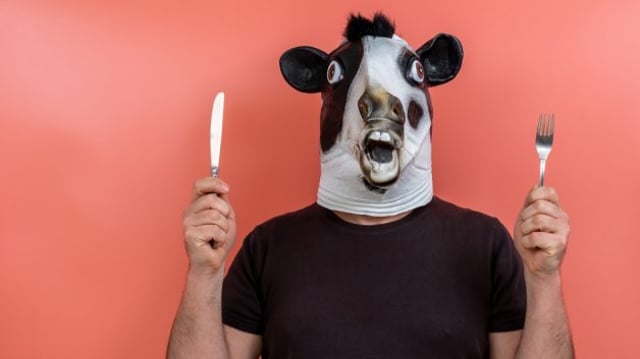 Pessoa vestida com uma máscara de vaca segurando um garfo e uma faca nas mãos