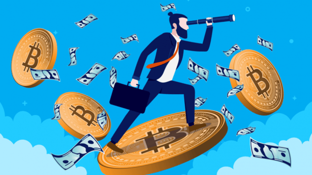 Desenho de um homem de terno e gravata que segura em uma mala voando sobre uma moeda de bitcoin e cercado de outras moedas e notas
