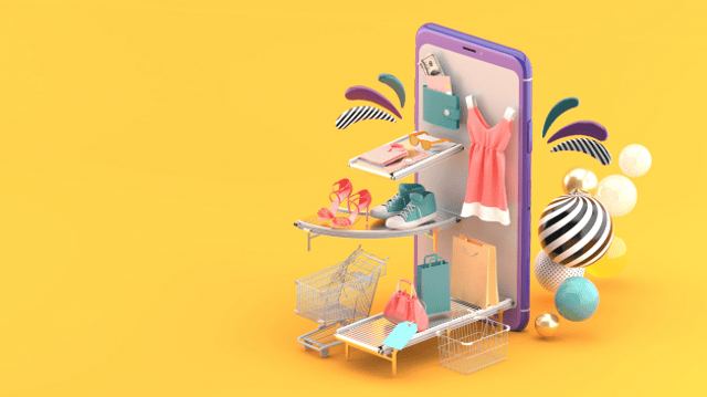 Ilustração mostrando um carrinho de compras saindo de uma tela de celular, representando o crescimento do e-commerce e das vendas online do varejo