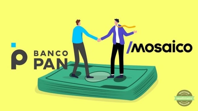 montagem mostra dois homens de negócios apertando as mãos para celebrar a compra da Mosaico pelo Banco Pan