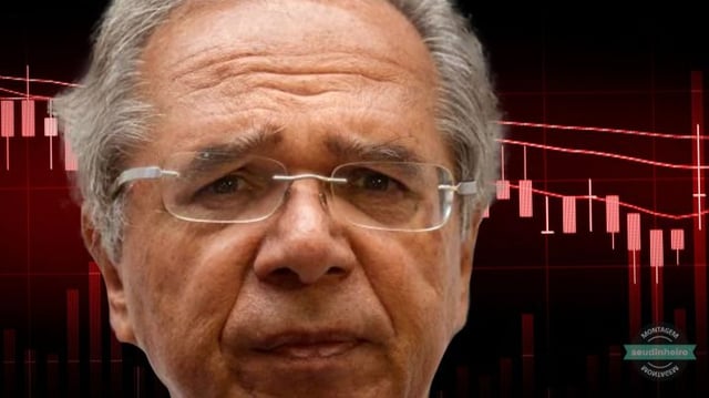 Paulo Guedes com um gráfico no fundo