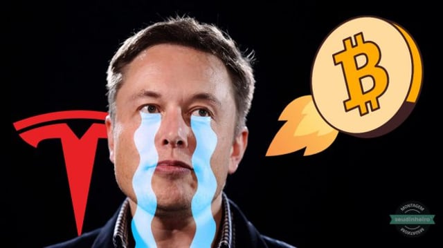 Montagem de Elon Musk chorando enquanto olha uma moeda de bitcoin voando como um foguete, atrás dele o logo da Tesla, criptomoedas