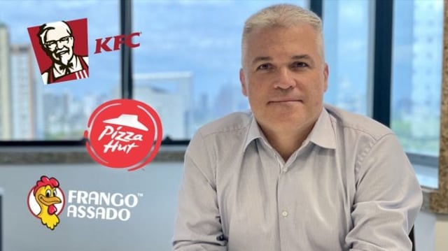 Montagem com Alexandre Santoro, presidente da IMC (MEAL3), ao lado dos logos do Frango Assado, Pizza Hut e KFC, três das principais marcas da empresa