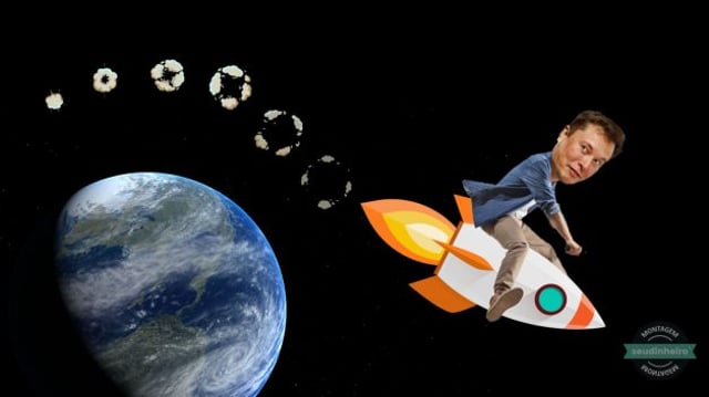 Montagem de Elon Musk no espaço voando em foguete que está falhando o motor com o planeta terra ao fundo | SpaceX, Marte