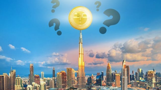 Skyline de Dubai com uma criptomoeda microcoin desconhecida no céu, que não é Bitcoin.