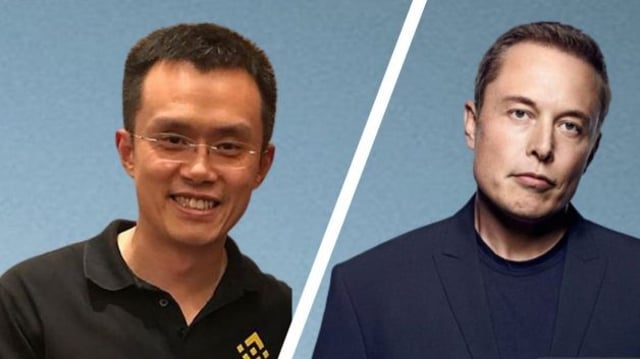 Foto de Elon Musk, dono da Tesla, e de Changpeng Zhao, criador da corretora cripto binance