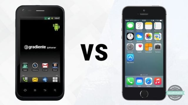 Montagem comparando um iphone da Gradiente (IGBR3), à esquerda, e um iPhone da Apple (AAPL34), à direita