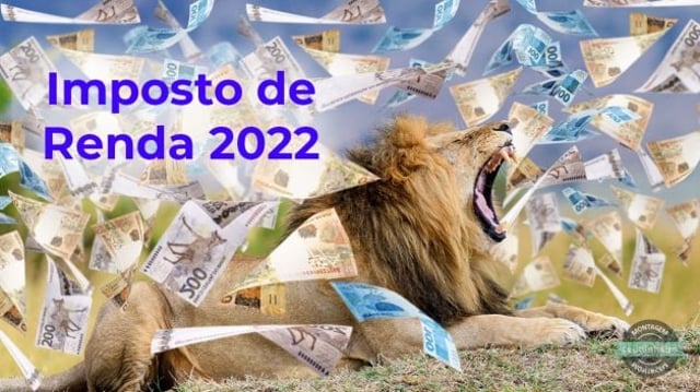 Leão deitado com a boca aberta junto a chuva de dinheiro com texto Imposto de Renda 2022 ao lado