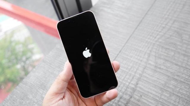 Mão segura um iPhone com símbolo da maçã a Apple na tela