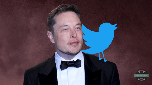 Elon Musk com o passarinho azul símbolo do Twitter nos ombros