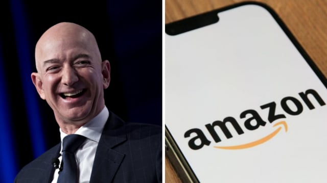 Montagem com Jeff Bezos e um celular com a tela na Amazon