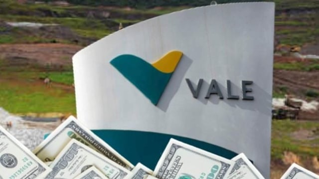 Montagem com logotipo da Vale (VALE3) e notas de dólar