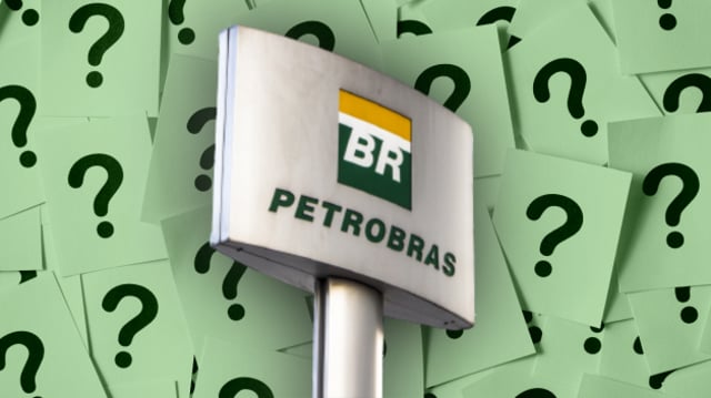 Logo Petrobras (PETR4) com uma ilustração de interrogações ao fundo