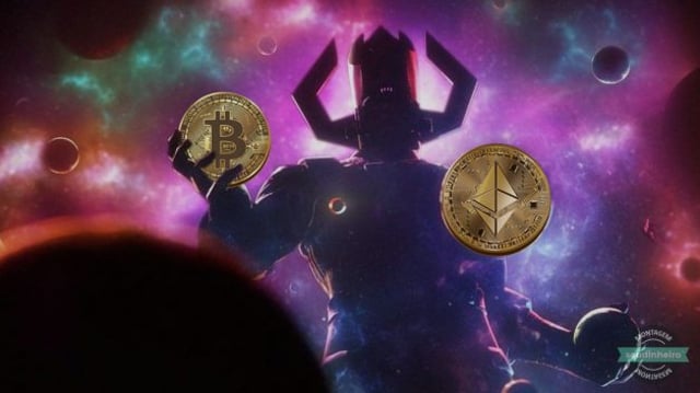 Galactus devorando criptomoedas bitcoin e ethereum
