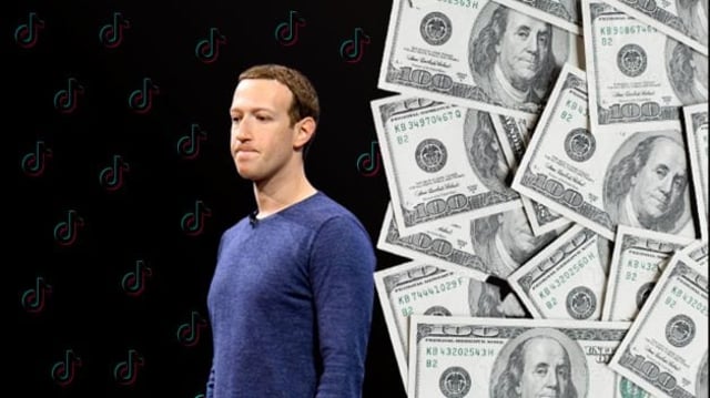 Mark Zuckerberg decepcionado ao lado de notas de dólares e fundo com logo do TikTok