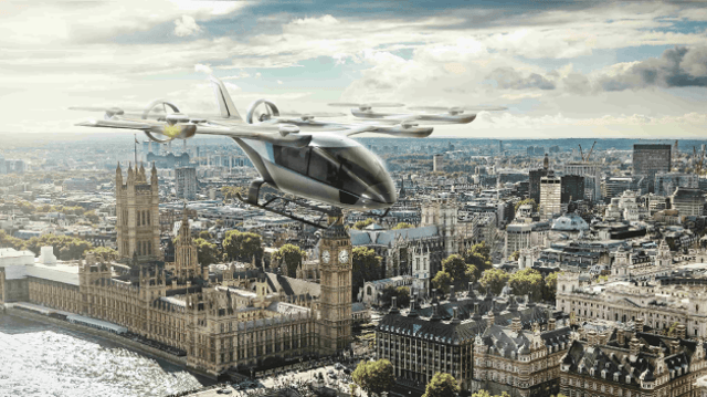 Representação digital de um eVTOL, o 'carro voador' da Eve, da Embraer (EMBR3)