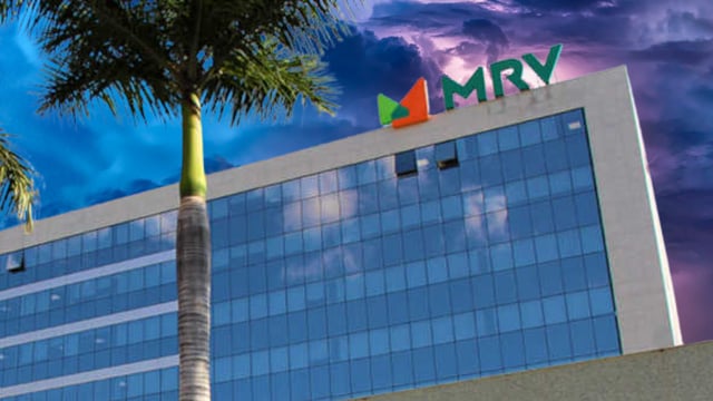 Prédio com logo MRV (MRVE3) e céu de fundo