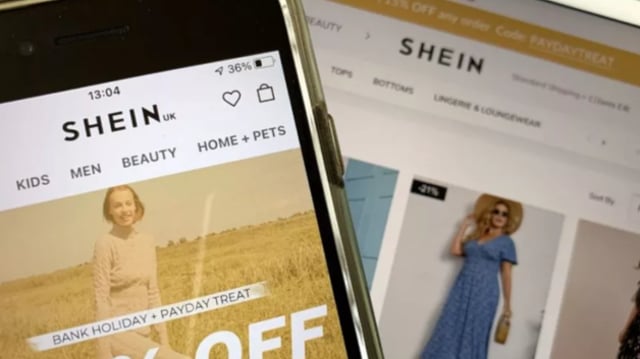 Aplicativo e site da Shein exibidos em tela de celular e computador