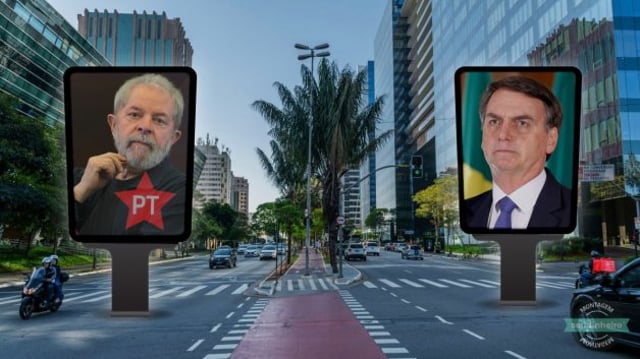 Montagem sobre foto da Avenida Brigadeiro Faria Lima, em São Paulo, com placas identificando os candidatos Lula, à esquerda, e Bolsonaro, à direita