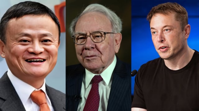 Jack Ma, fundador do Alibaba, Warren Buffett, CEO da Berkshire Hathaway, e Elon Musk, CEO da Tesa