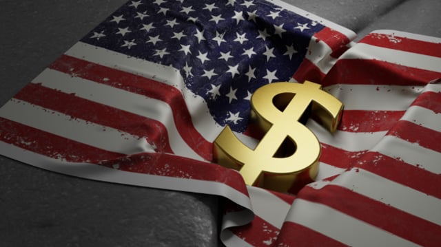 Bandeira dos EUA com cifrão em cima, representando oportunidade de ganhos com bolsa americana
