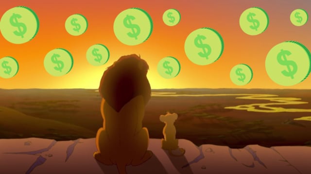 Montagem do filme Rei Leão com referência a energia solar, dinheiro e dividendos