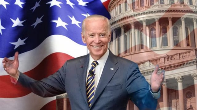 Montagem com Joe Biden em frente a casa branca e a bandeira dos Estados Unidos