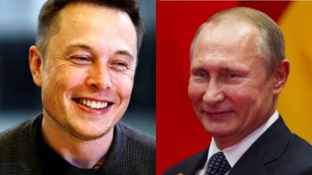 O bilionário Elon Musk, CEO da Tesla, e o presidente da Rússia, Vladimir Putin