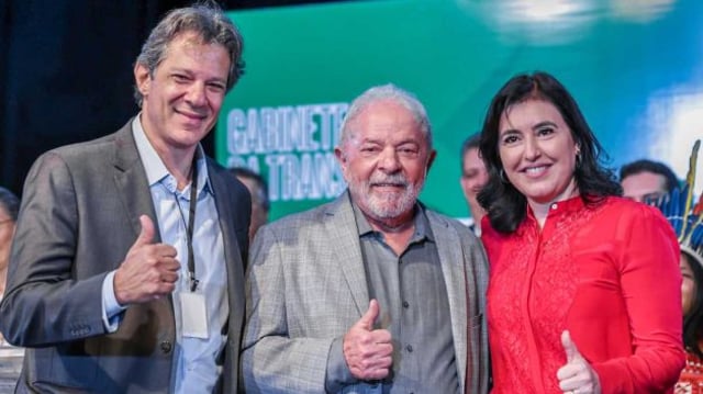 Fernando Haddad, Lula e Simone Tebet; debate sobre meta de déficit fiscal para 2024